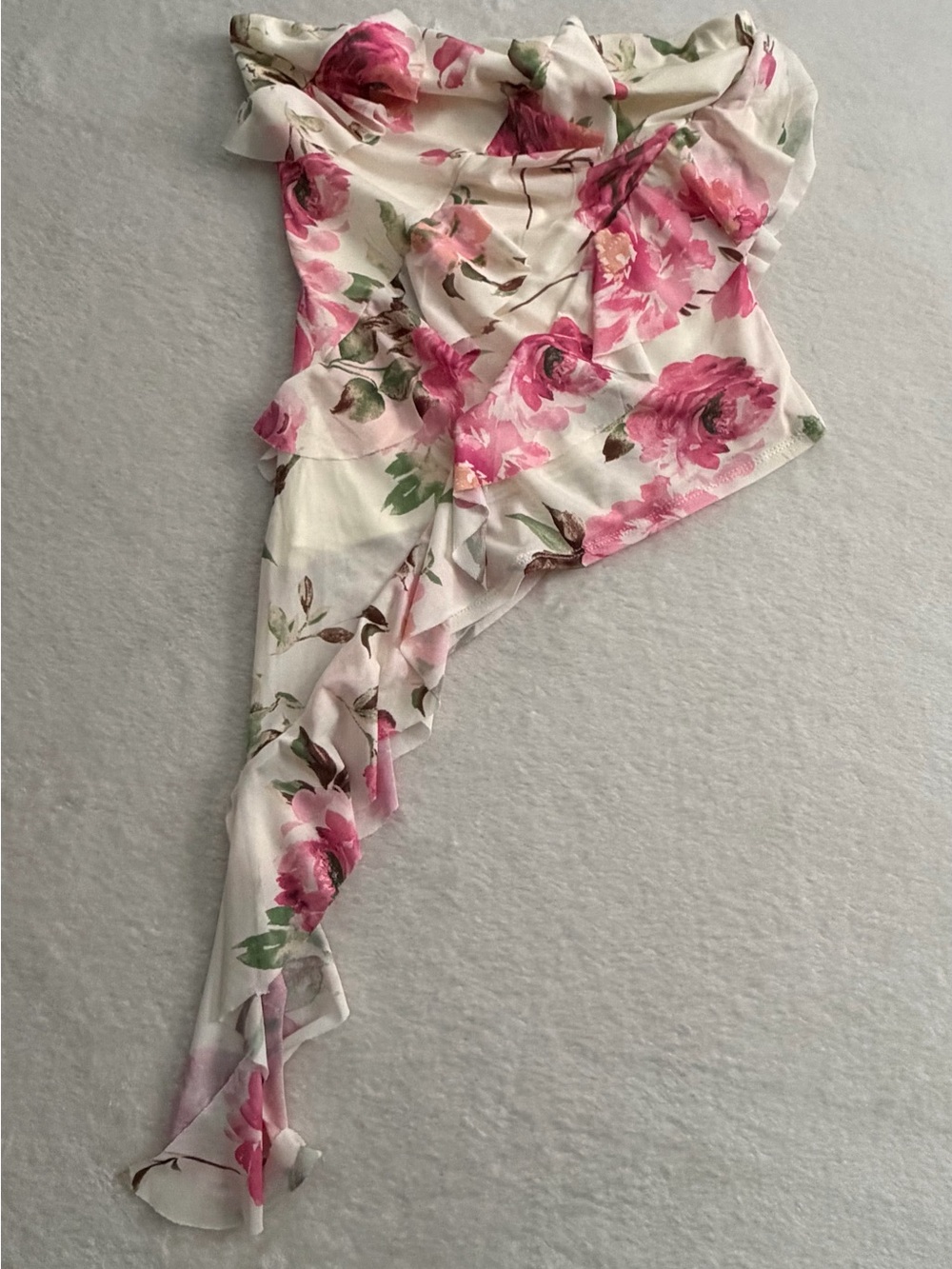 Thirty Thirty NWOT Strapless Floral Asymmetric Cascading Ruffle Top